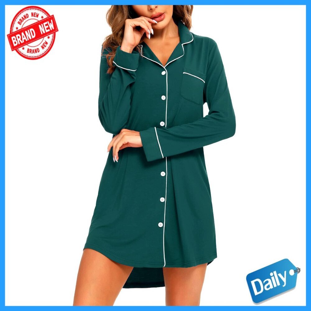 Button Down Nightgown Sleepshirt Loose Fit Classic Elegant Sleepwear Pajama Top